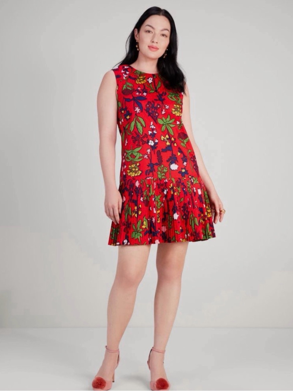 kate spade Red Floral Pleated-Hem Sleeveless Mini Dress